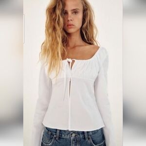 ZARA Poplin Square Neck Ruched Chest Top in White.front Tie. Size Med NWT